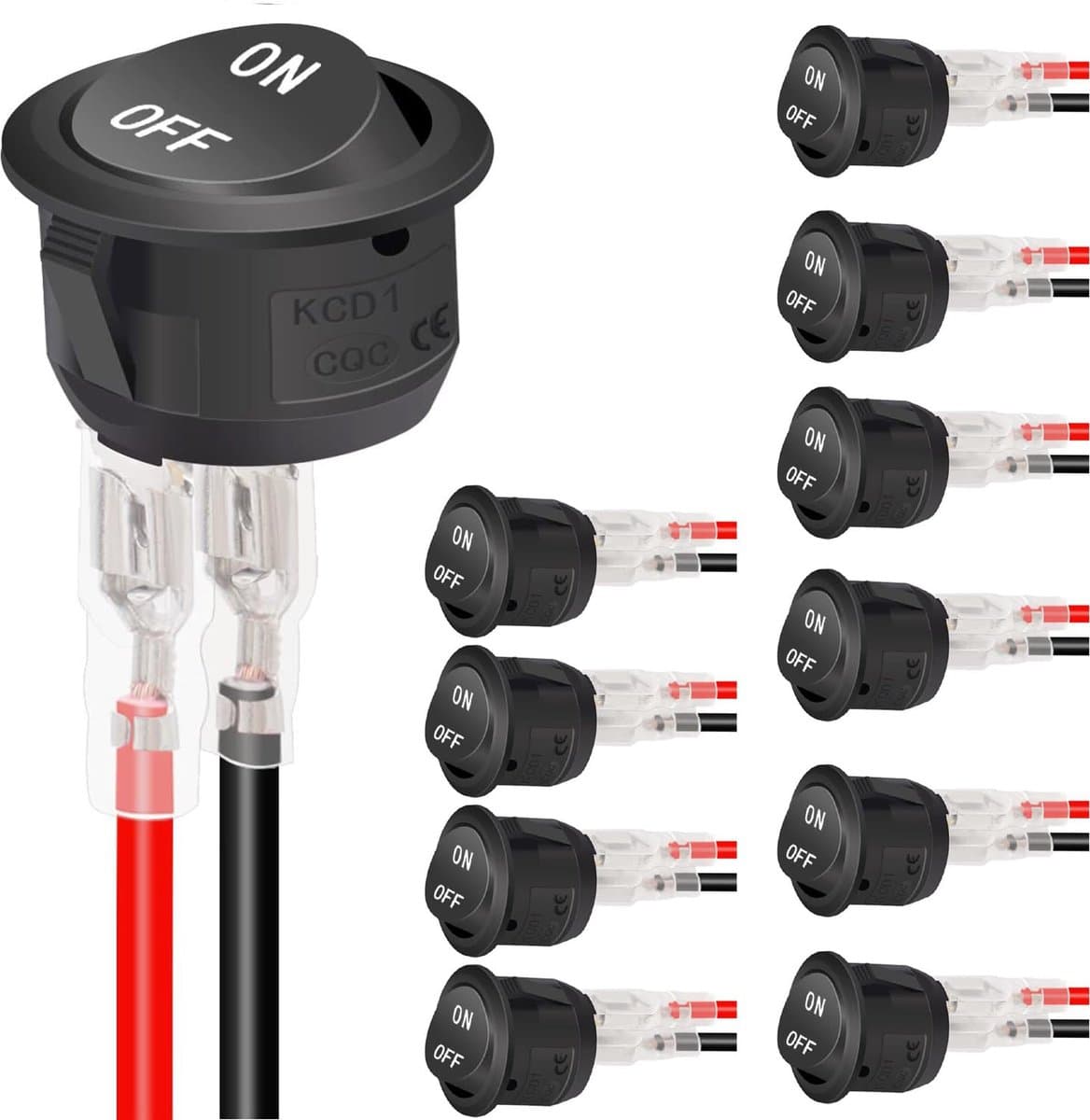 10x Ronde Tuimelschakelaars ON-OFF (20mm) - 2-pins Minischakelaars met Draad voor Auto, Motor en Boot