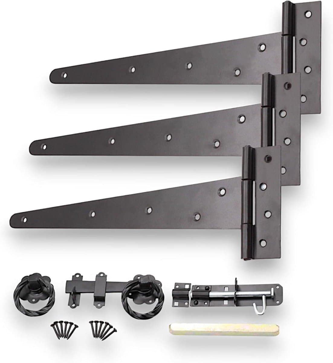 Poort Scharnier Set - T-Scharnier Ring - Houten Poorten Bevestigen - Compleet met Bevestigingen - 35 cm - Zwart