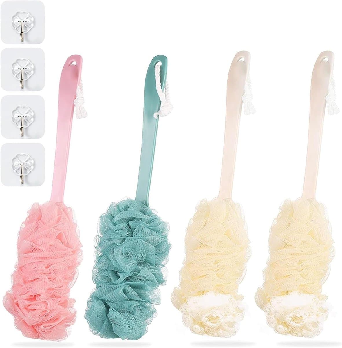 Verzorgende Douche Spons met Handvat, 4-delige Mesh Badborstel Set, Lange Handgreep, Massage Spons, Ideaal voor Rug en Lichaamsreiniging