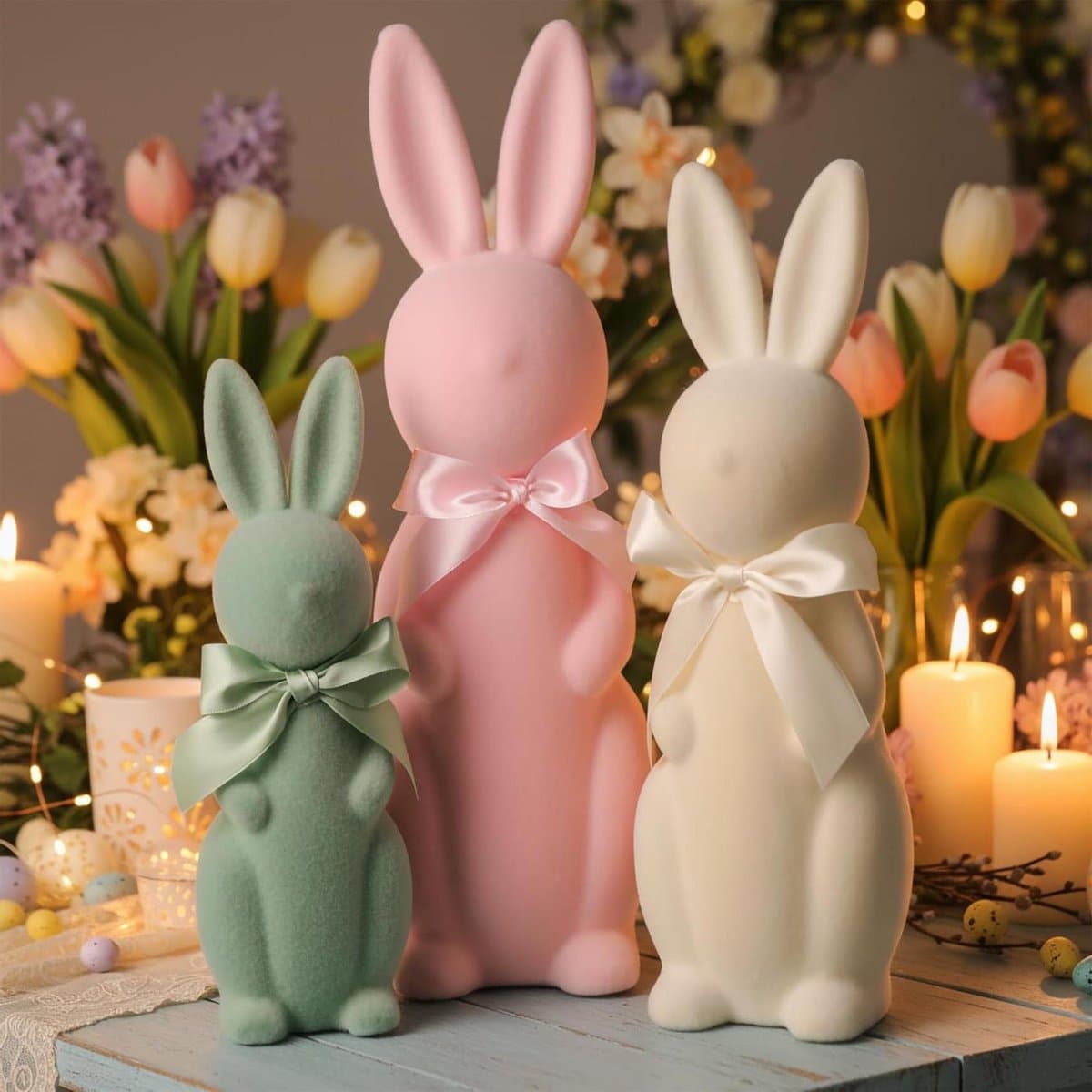 Gevlokte Paasdecoratie Set - Paas konijnen - Tafeldecoratie - Zachte pastelkleuren - 3 stuks - Roze beige groen