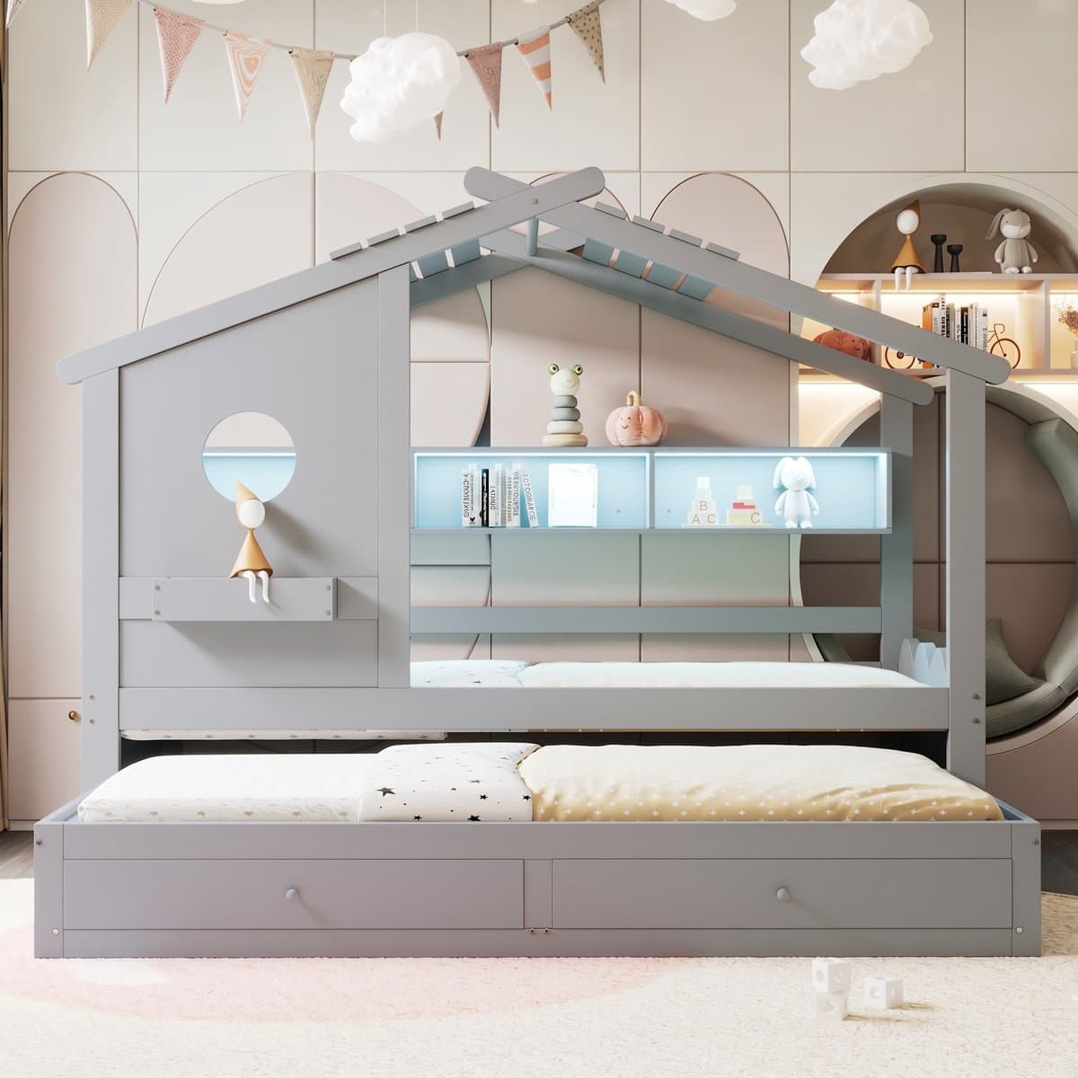 VVBV Kinderbed 90x200 cm + 90x190 cm - Lades, USB-C, Planken, Uitschuifbed, Huisdesign, Voor Kinderen/Tieners - Grijs