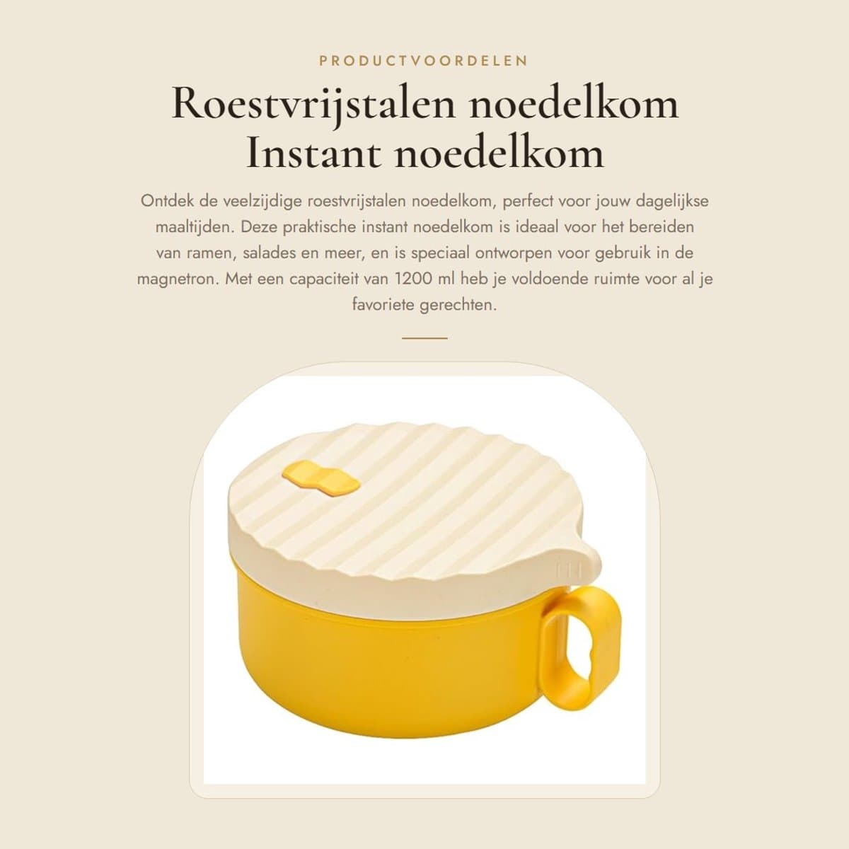 Dailygoods- Noedelkom 1200 ml - Roestvrij Staal/Siliconen - Magnetronbestendig - Handvat - Ronde Vorm - Ideaal voor Ramen/Snacks - Ramenkom