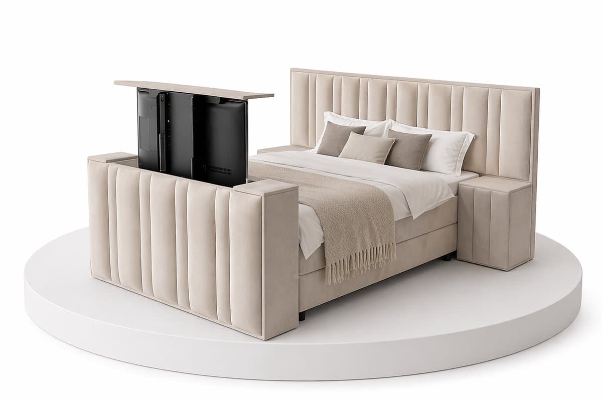 Boxspring CineLux TV-Lift - 200x210 Compleet - Met nachtkastjes - Beige - BalBedden