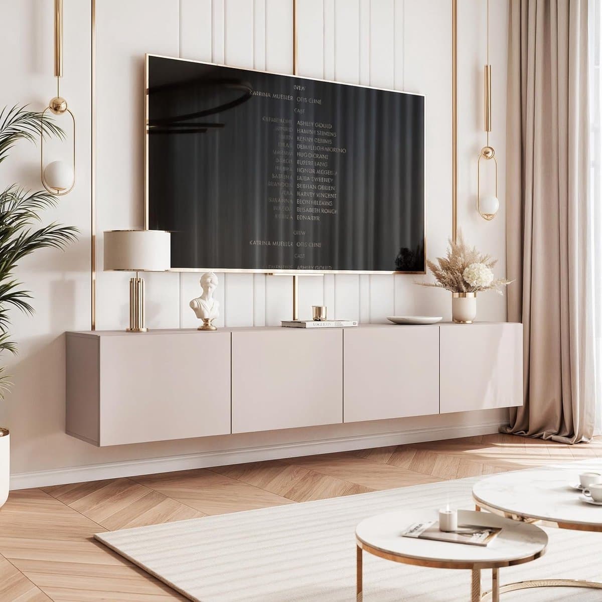 Luxe Zwevend TV Meubel 200x40x36 cm met LED Verlichting en 4 Opbergvakken – Modern Kashmir Design Wandgemonteerd Lowboard voor Woonkamer