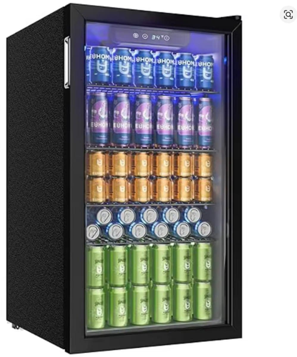 Drankenkoelkast met Glazen Deur – Capaciteit voor 126 Blikjes – Verstelbare Planken – Voor Bier en Wijn – Zwart RVS Design – Voor Thuis, Bar en Kantoor