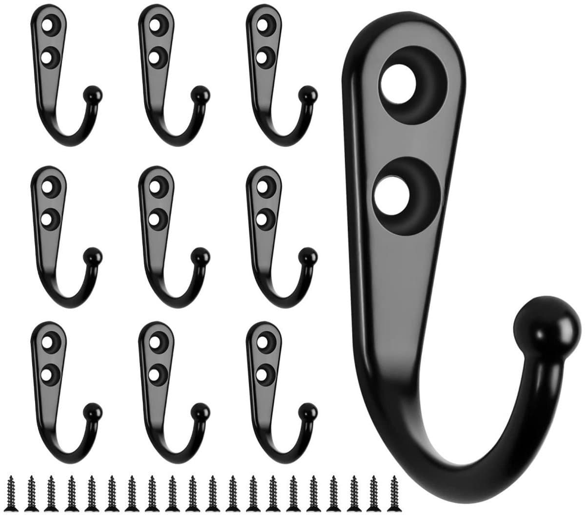 GELLDG Zinklegering Kledinghaken - Roestbestendige Muurhaken - Geschikt voor Massief Hout Installatie - 42x13mm Met 3kg Draagvermogen - Set Van 10 Haken En 20 Schroeven - Geschikt voor Huis Kantoor En Werkplaats - Zwart