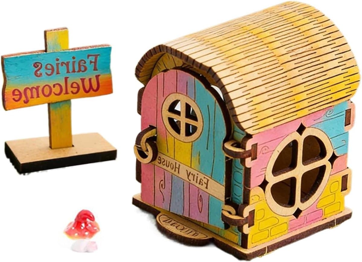 Houten Feeënhuis - Bouwset Tuin - Creatief Knutselen - Gladde Randen - 22 x 12 x 5 cm - Houtkleur
