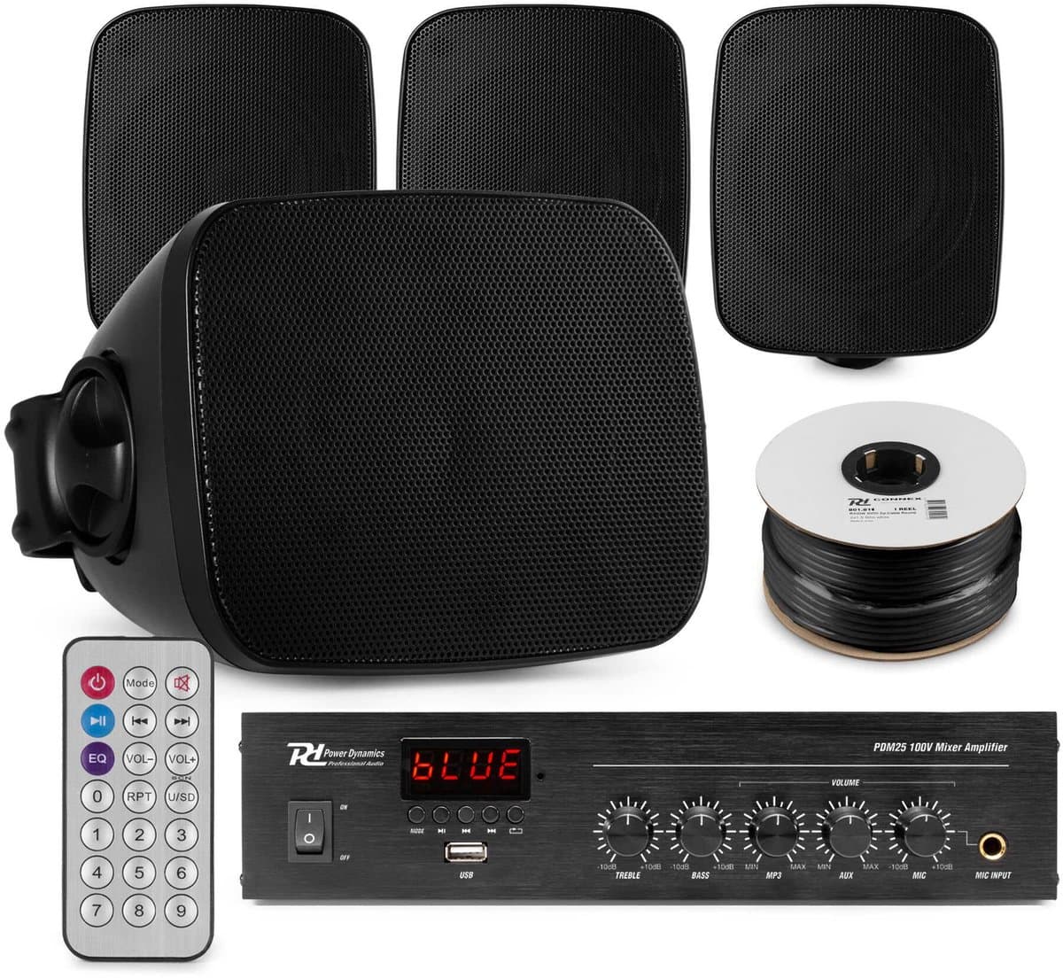 Power Dynamics buiten speakers set van 4 waterdichte mini speakers - Bluetooth en FM radio - Zwart