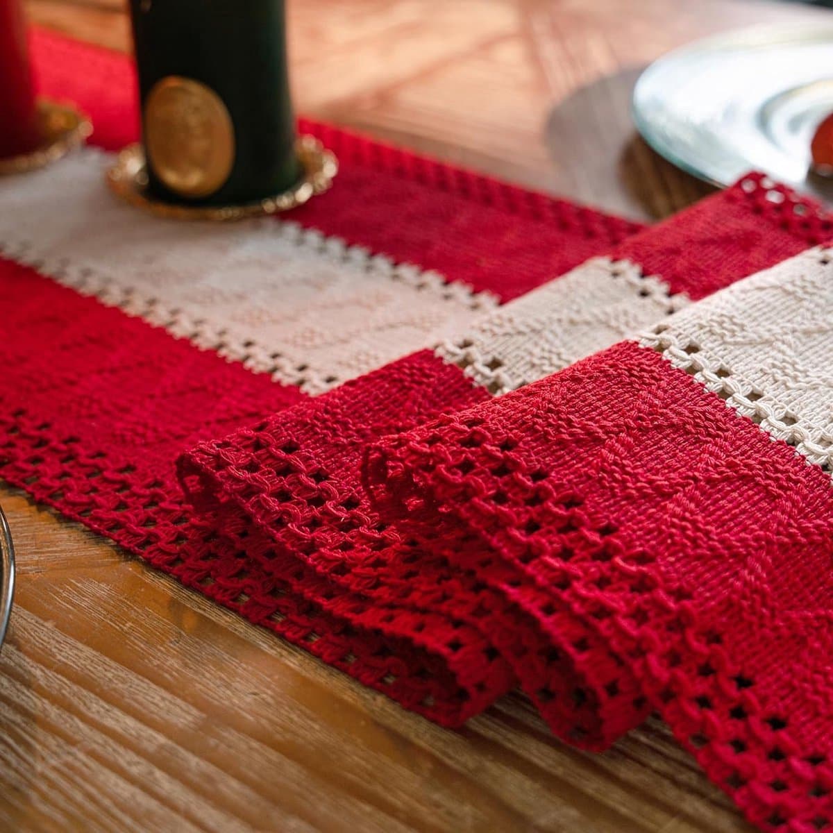 Macramé Tafelloper, boho, katoen/vlas, tafelloper met kwastjes, beige en rood, rechthoekig, gehaakt, mesh, tafelkleed voor keuken, vintage, boerderij, bohemien, bruiloft, tafeldecoratie