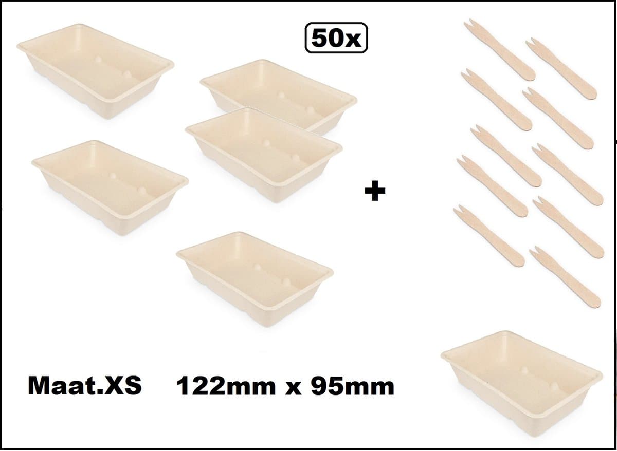 50x Frietbakje + snackvork - mt.XS - 100% biologisch afbreekbaar - Patat friet frites bakje snack bak food menu A7