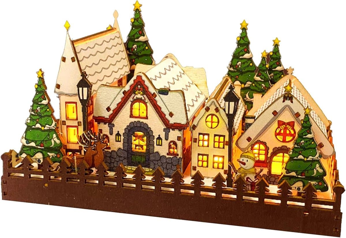 Houten Kersthuizen,Kerst LED Houten Dorp, Wintertafereel Kersthuisjes Houten Kerstdorpjes, Beeldjes Pre-Lit Desktop Decor Display Kerstbenodigdheden voor Desktop