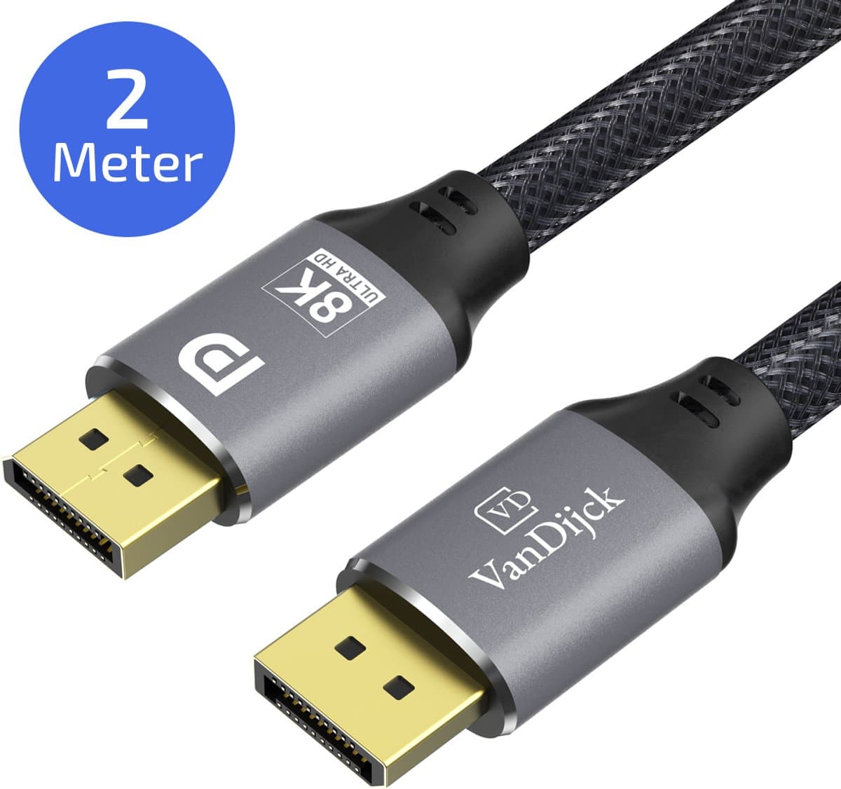 VanDijck Displayport Kabel - 2 Meter - 8K 60Hz - 4K 144 Hz - 32.4GBps - Displayport 1.4 - DP Kabel - Grijs