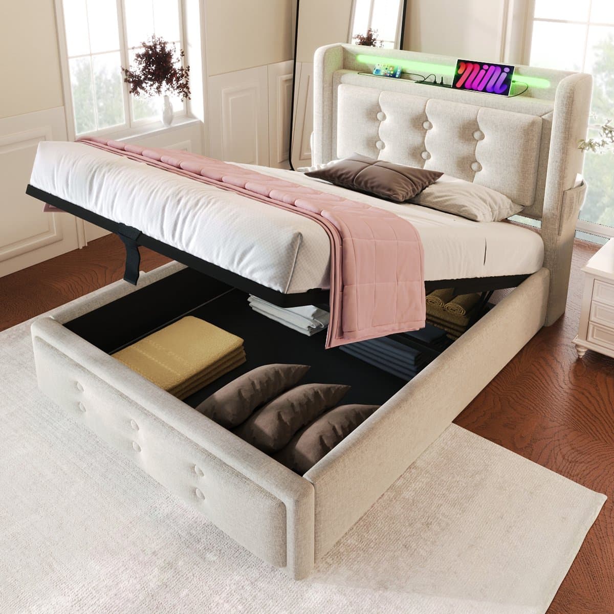 MIVRAY Gestoffeerd Bed 90x200 Cm - Bed Met Led Hoofdbord En Usb Laadpunten - Met Opbergruimte - Katoen Linnen - Beige - Zonder Matras