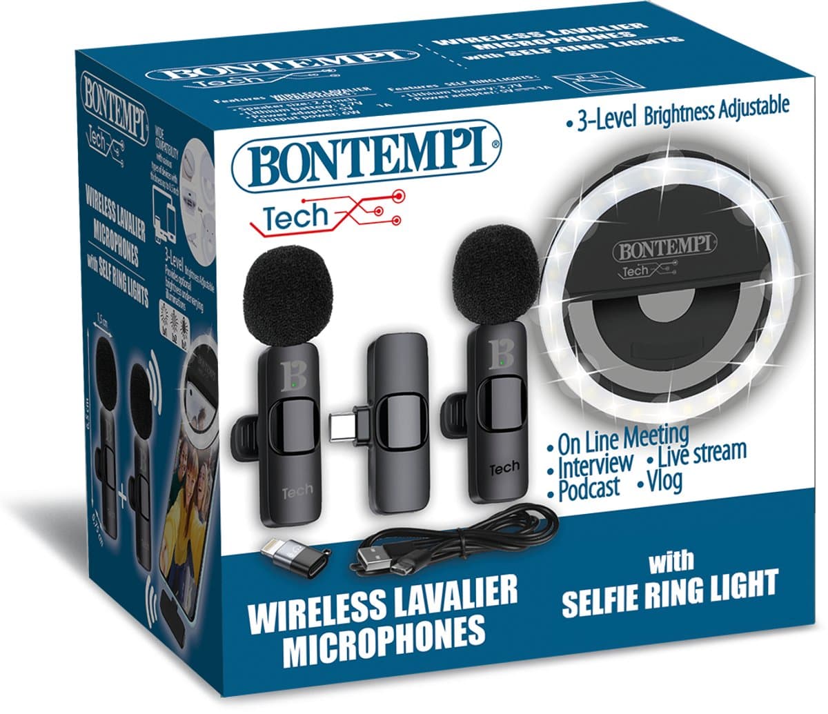 Bontempi - Dasspeld microfoon - 2 microfoons - incl selfie ring licht