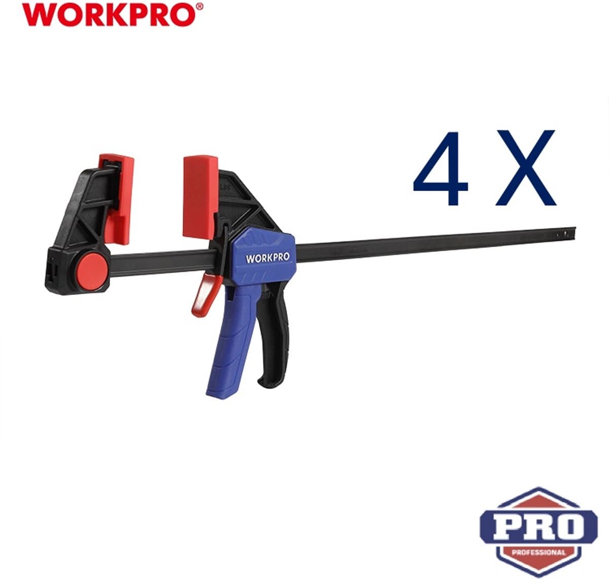 WORKPRO WP201028 Set 4 stuks – Snelspan Lijmklemmen 450 mm – Omschakelbaar naar Spreider – Versterkt Nylon – 68 kg Klemdruk – Eenhandsklem