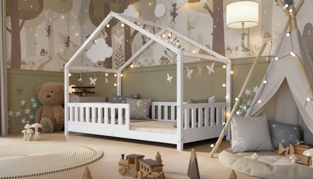 Cabin Bed 190x90 cm – Casa Velluto Nordic White Montessori Kinderbed – Wit Houten Hutbed met In Hoogte Verstelbare Poten, Veiligheidsrail en Lattenbodem – Scandinavisch Design Vloerbed voor Jongens en Meisjes