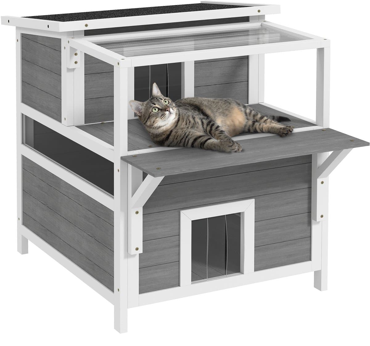 Kattenhuis Met Twee Verdiepingen En Balkon, Weerbestendig, Bescherming Tegen Regen En Zon, Geschikt Voor Binnen En Buiten, Lichtgrijs