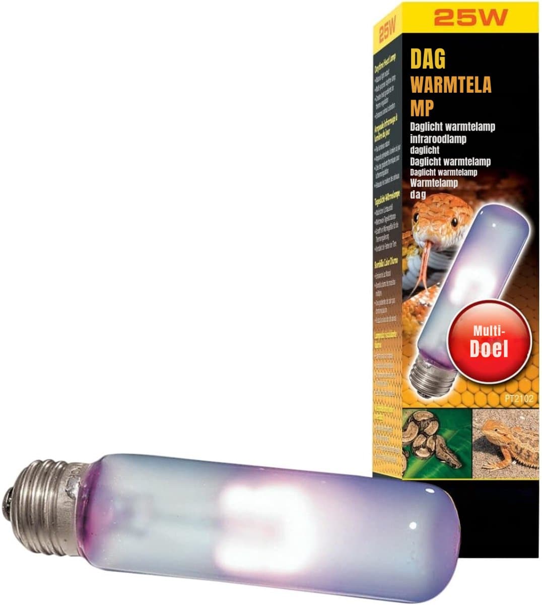 DYNA® Warmtelamp reptielen - Daghittelamp, Breedspectrum Daglichtlamp, T10, 25W, E27 fitting - Wit- 4cm x 4cm x 14cm
