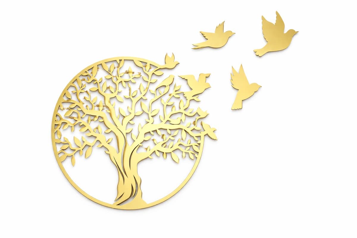 Metalen Wanddecoratie Levensboom met Vogels – 3D Wandkunst – Goud – 90 x 90 cm