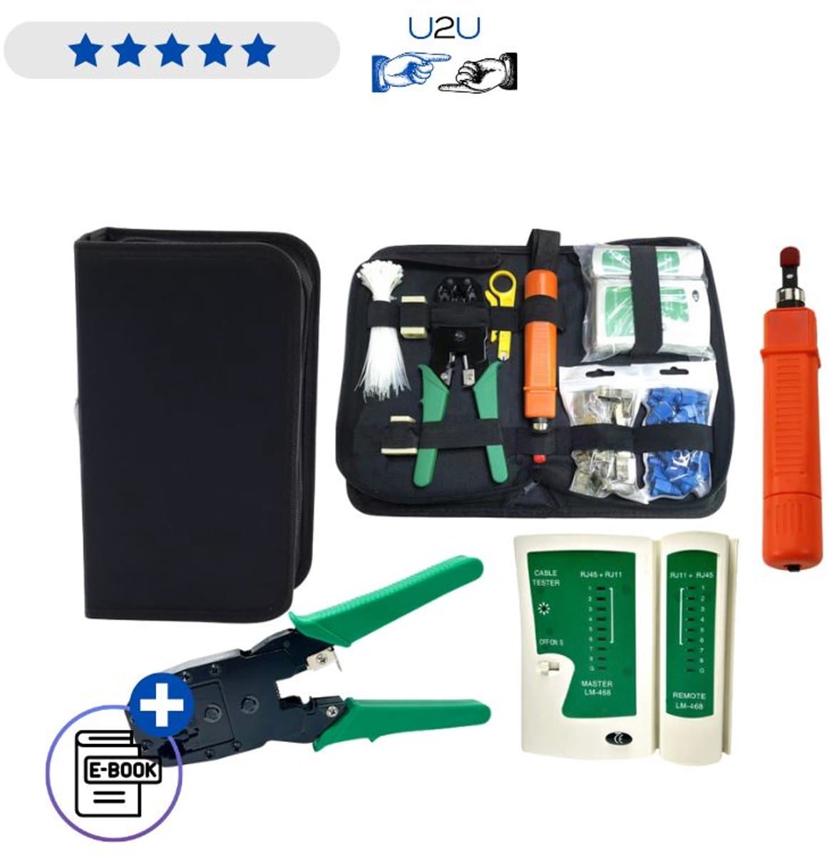 Netwerk gereedschapset 19in1 kabeltester krimptang RJ45 RJ11 LSA punch tool set connectors striptang schroevendraaiers kniptang pro netwerk toolkit voor installateur IT monteur onderhoud reparatie opbergkoffer Met Ebook