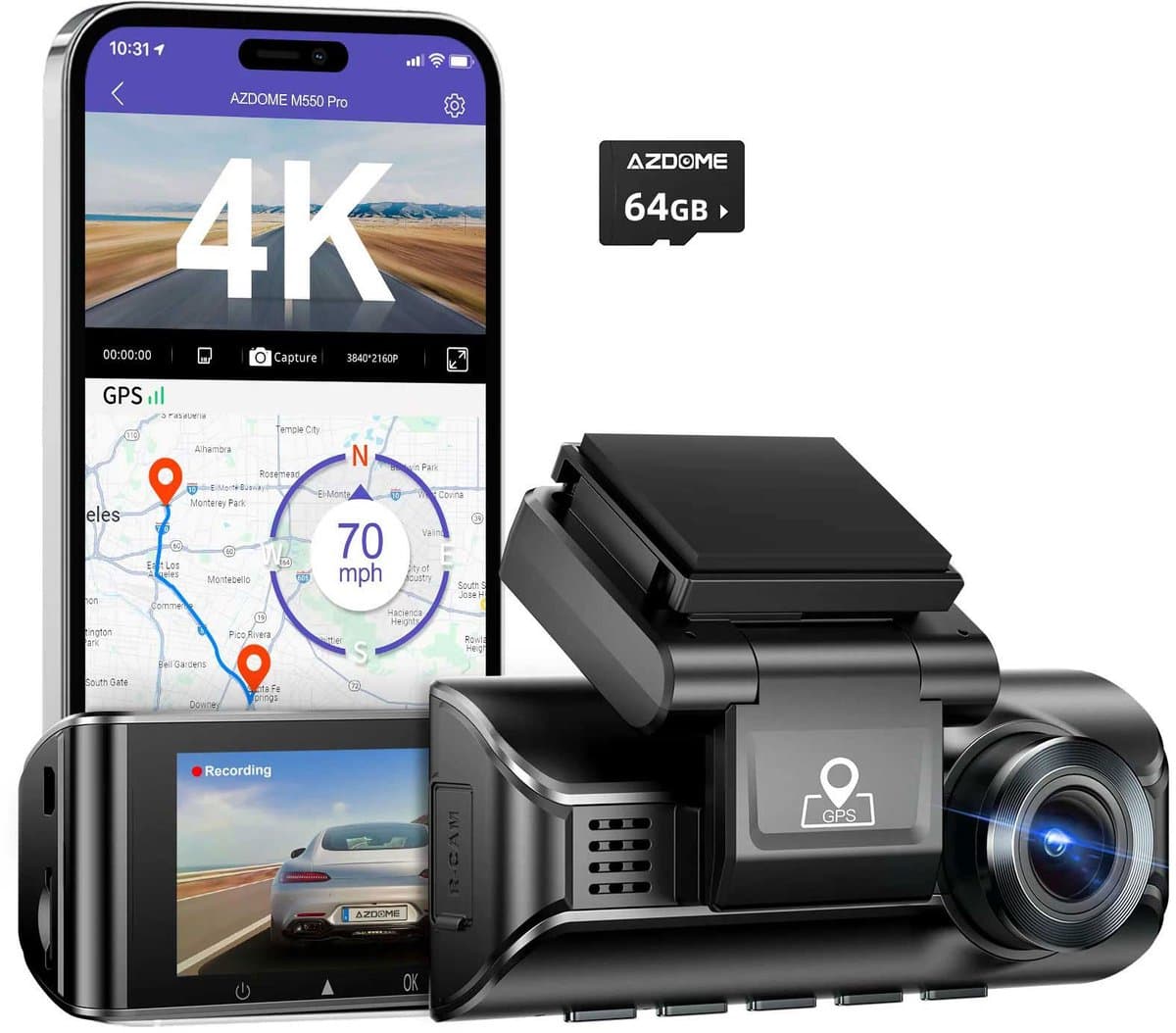 AZDome M770 Pro 1CH 4K Wifi Gps dashcam voor auto - 4K + FullHD resolutie - Night vision - Parkeerbeveiliging - 64gb Micro SD kaart - 3,0 inch LCD scherm - 170 + 140 graden kijkhoek - Nachtzicht - 2025 model