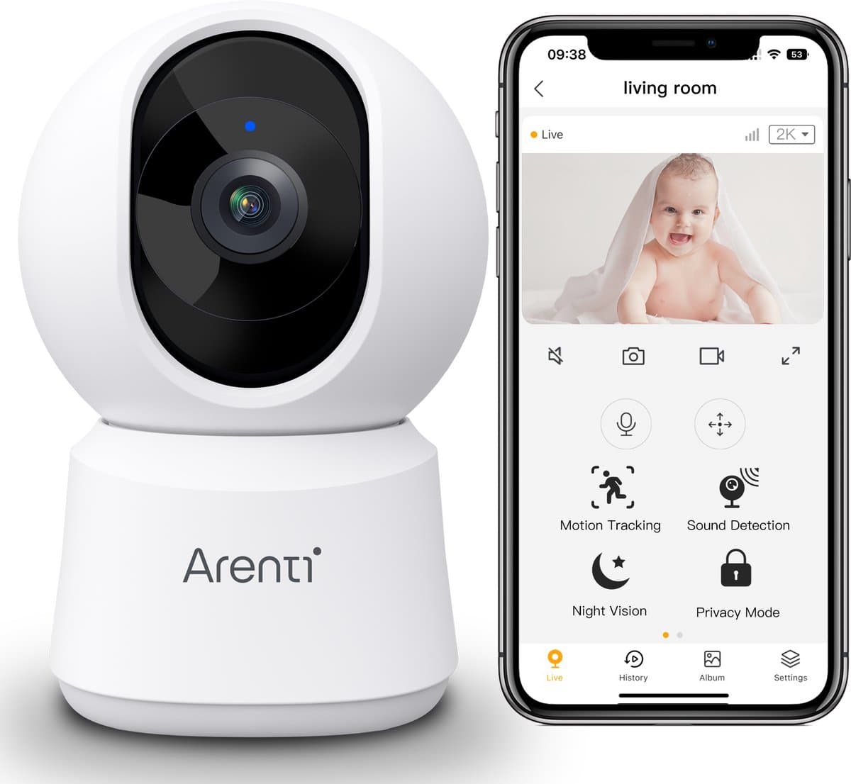 Arenti P2T 3MP Wifi Beveiligingscamera Voor Binnen - Huisdiercamera - Babyfoon - Beweegbaar - 2.4GHZ Wifi - Draadloos - Full360° bewaking - Geen Blinde Vlekken - Geen Maandelijkse Kosten - HD - Besturing via App - Onvif