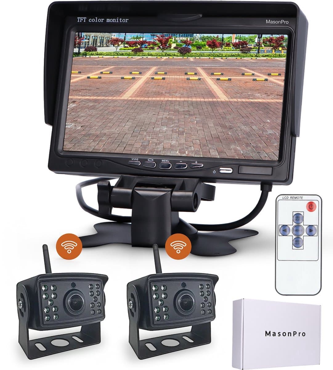 MasonPro Achteruitrijcamera Set Elite - Draadloos - Achteruitrij Camera voor Auto, Bus, Camper, Caravan Vrachtwagen en Landbouw - IP69 Waterdicht - IR Nachtzicht 13 M - 7 Inch