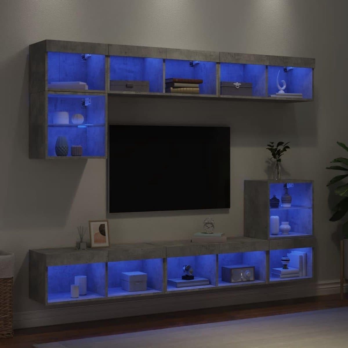 8-delige TV-wandmeubelset met LED Verlichting in Betongrijs