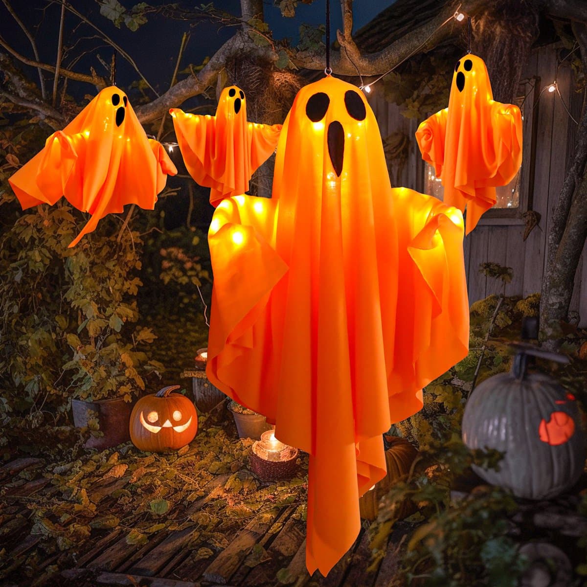 Rosnek 3 stuks Halloween Hangende Spook met Licht - Verlichting op batterijen - 3 Lichtmodi - 50cm x 40cm - Halloween Decoratie voor Buiten Tuin Portiek - Oranje