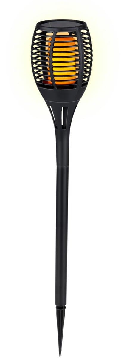 Grundig Solar Tuinfakkel Flame - LED Vlam Effect met 30 LED’s - IP44 Spatwaterdicht - Zonneenergie Tuinverlichting - Brandduur 6 uur - Ø9 x 59 cm - Zwart