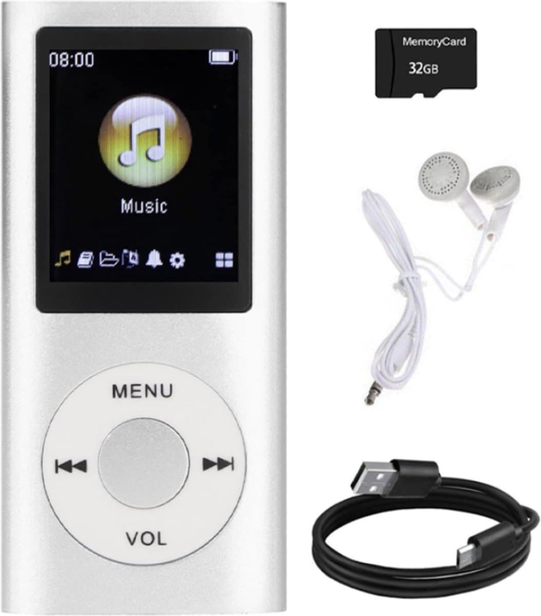 MP3 Speler met Bluetooth - Incl. 32GB SD Kaart - Digitaal 1,8-inch LCD-scherm - USB - FM-radio - Spraakrecorder - E-book - Dicatafoon - Ideaal voor Sport, Kinderen en Volwassenen - Zilver