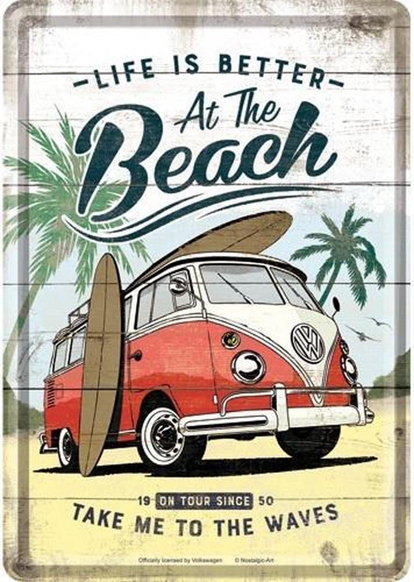 Wandbordje / Metal Card - Volkswagen Bulli At The Beach