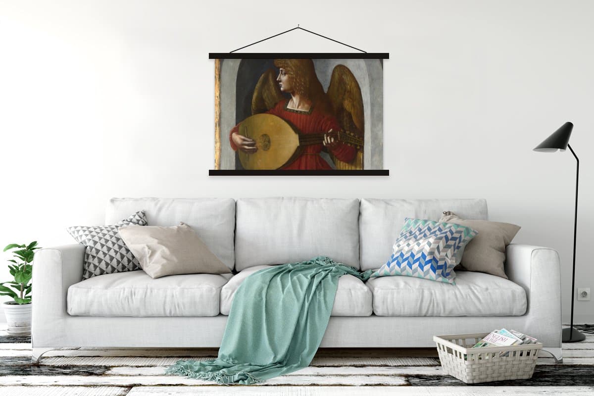 Posterhanger incl. Poster 150x100 cm - Schoolplaat - An angel in red with a lute - Leonardo da Vinci - Textielposter - Zwarte latten