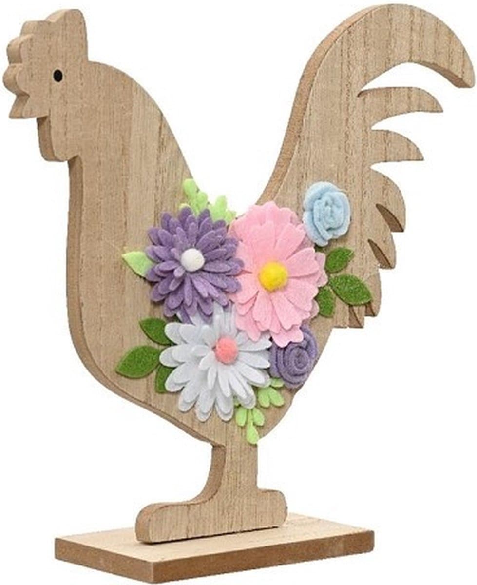 Decoris Decoratieve Beeld Haan met Vilten Bloemen