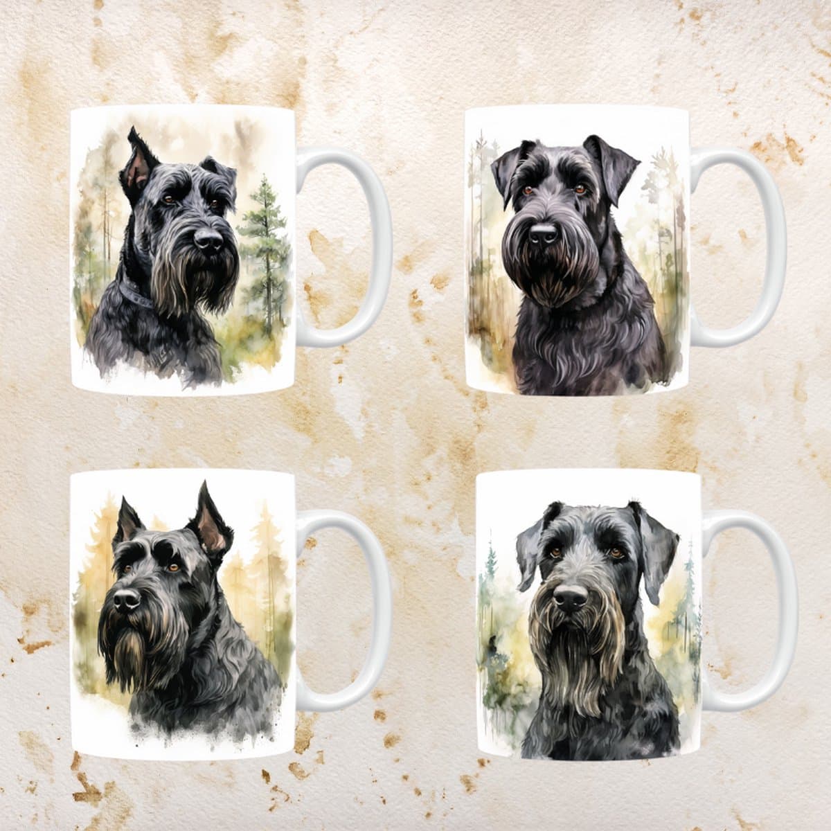 Giant Schnauzer mokken set van 4, servies voor hondenliefhebbers, hond, thee mok, beker, koffietas, koffie, cadeau, moeder, oma, pasen decoratie, kerst, verjaardag
