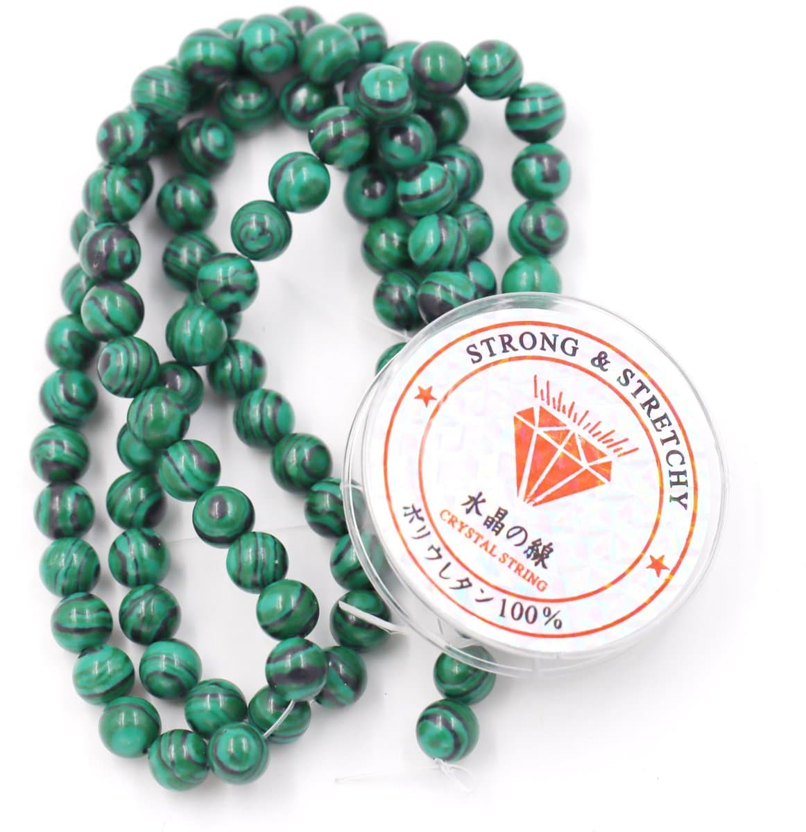 Fukugems kralen met rekkoord voor het maken van sieraden Losse stenen kralen voor doe-het-zelf Energiestenen helende armband 6 mm = 128 stuks en 1 rol koord Malachiet synthetisch 6 mm