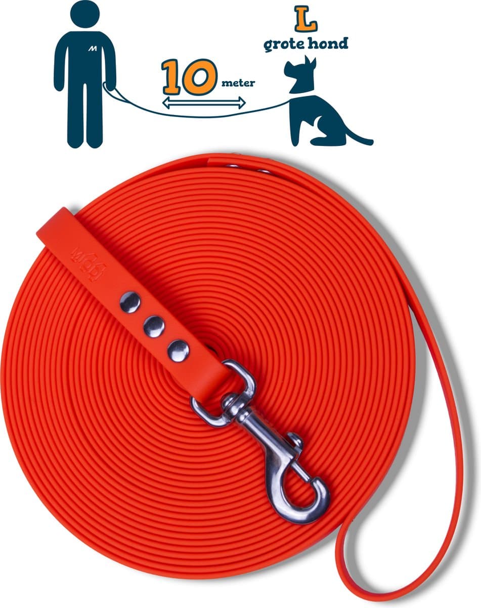 Miqdi lange lijn – BioThane® - neon oranje – 10meter lang – 19mm breed – L/XL - grote hond– lange hondenriem