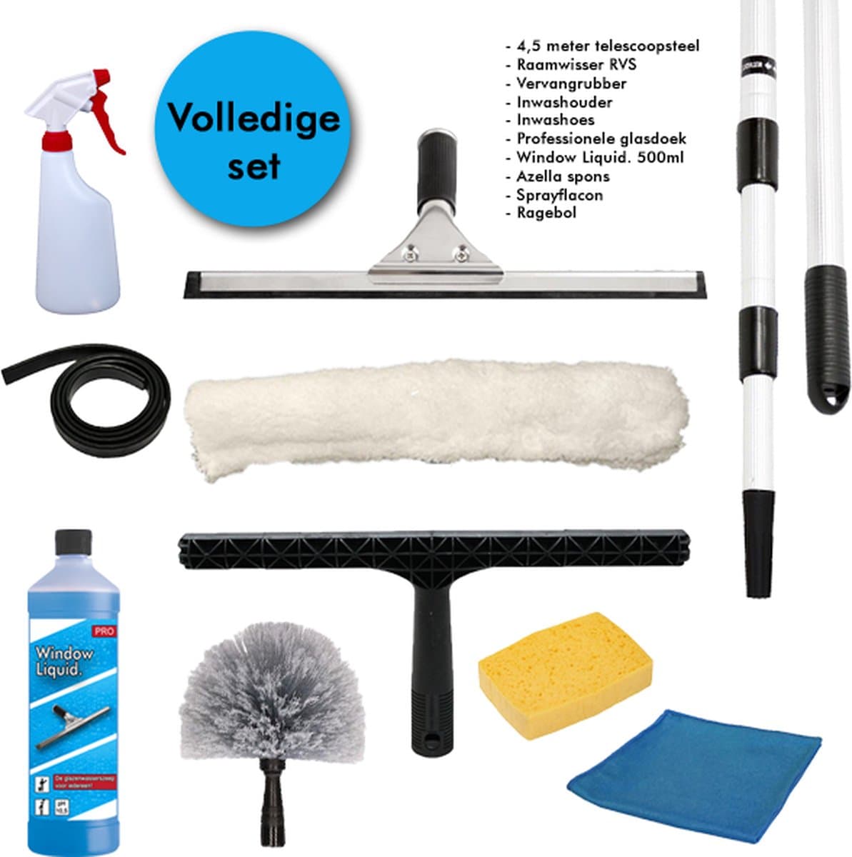 Complete 4,5 METER Zeemset Professionele rvs Raamwisser 35 cm + Inwasser en Telescoopsteel 4,5m. Incl. RAGEBOL, Azella Spons, Glasdoek, Window Liquid. 500ml +Sprayflacon & gratis vervangrubber.