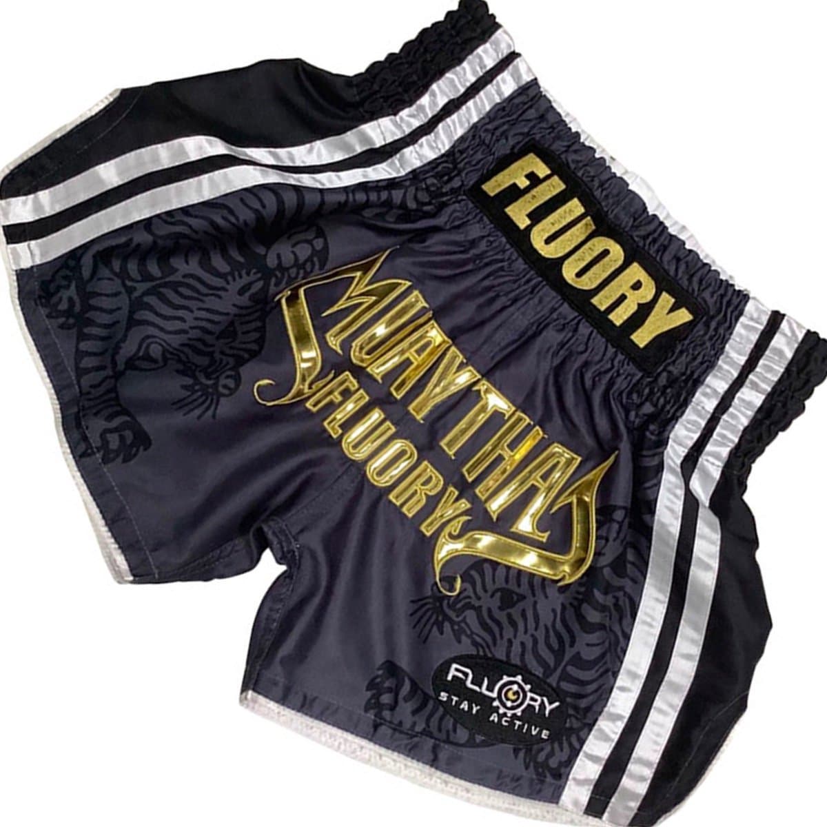 Fluory Sak Yant Tiger Muay Thai Shorts Grijs Goud MTSF98 - XL