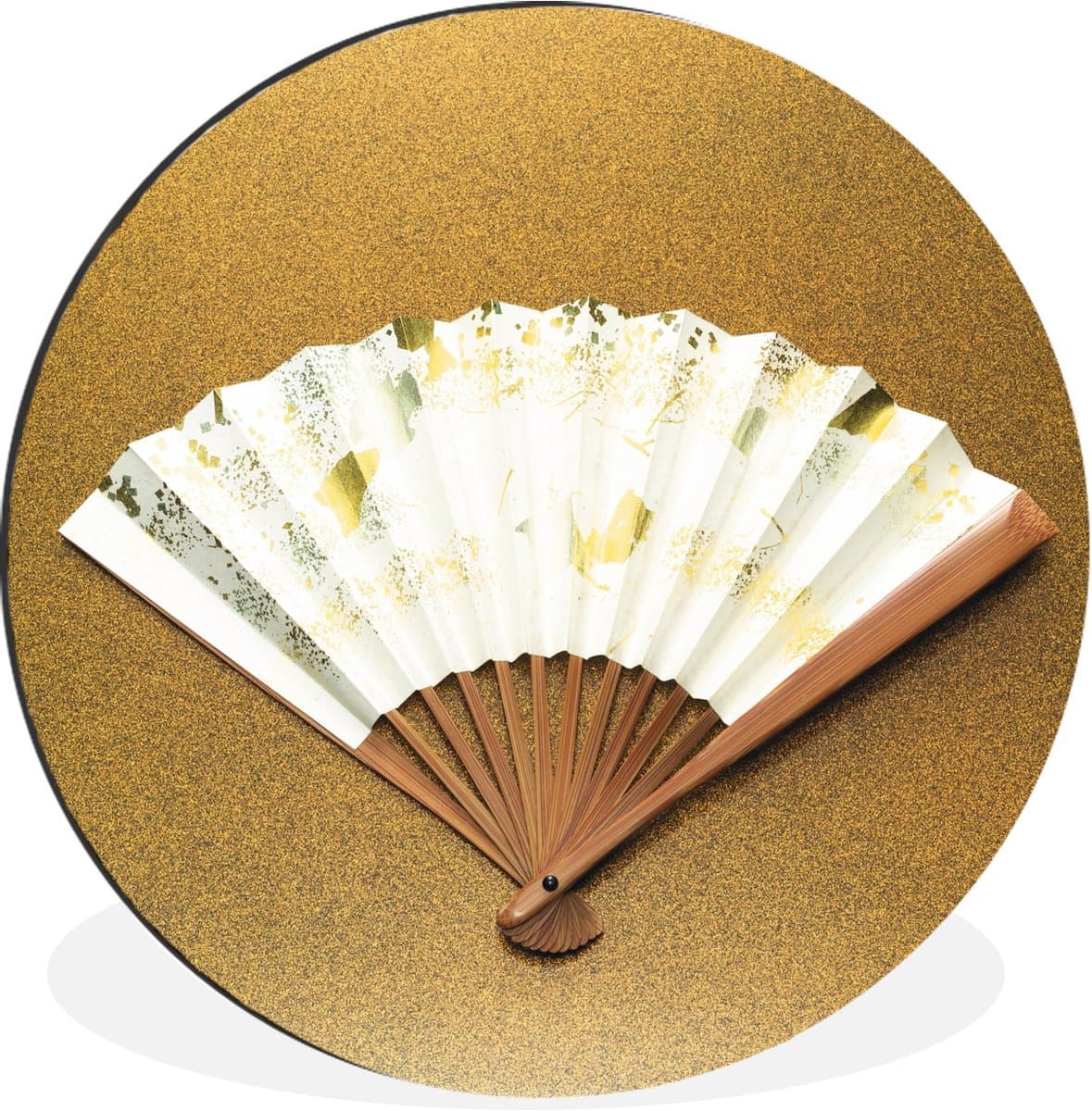 WallCircle - Wandcirkel - Muurcirkel - Kimono waaier op een gouden achtergrond - Aluminium - Dibond - 120x120 cm - Binnen en Buiten XXL