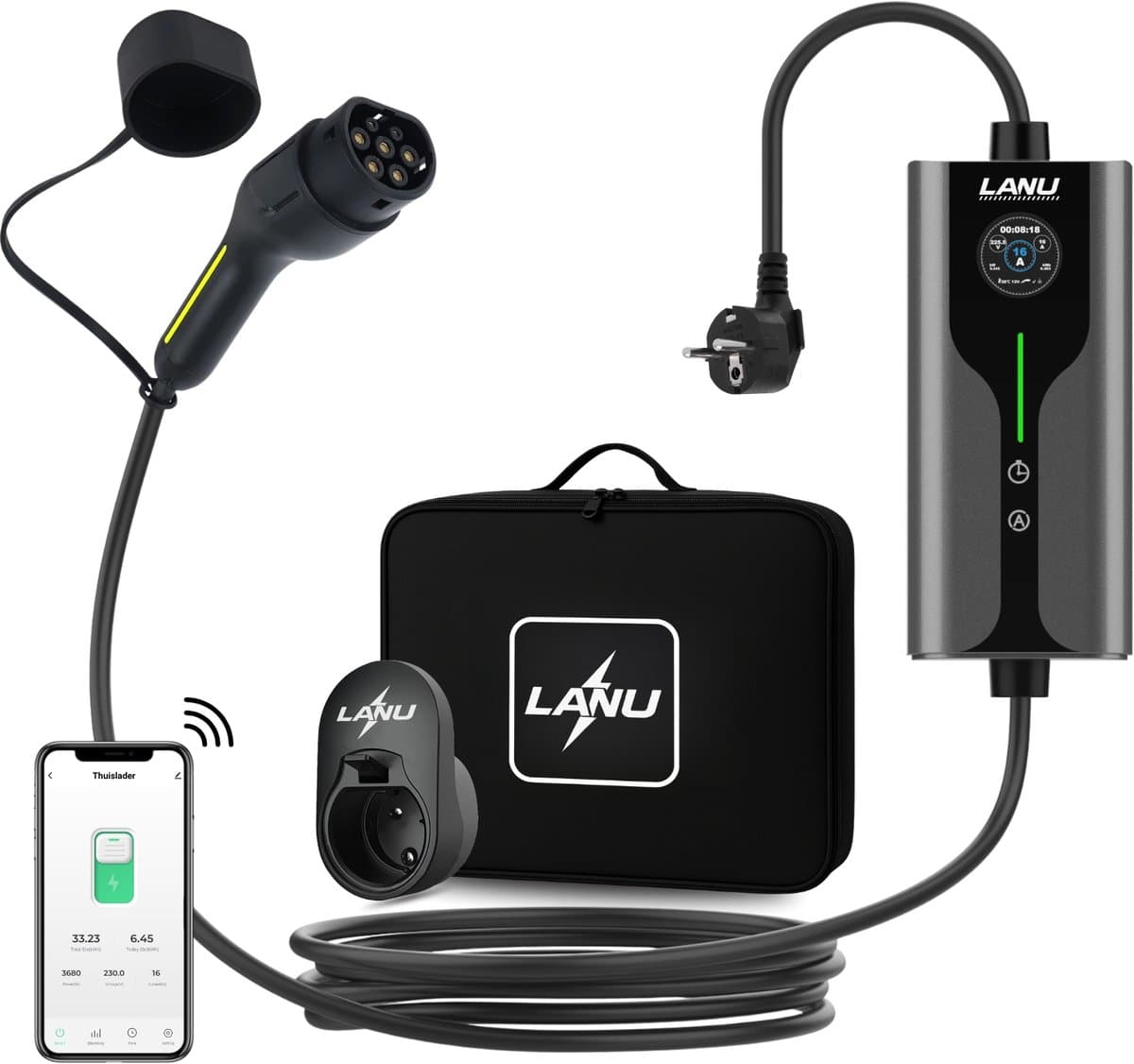 Mobiele thuislader Type 2 - WiFi + App bediening - 3,7kW - Laden vanaf Stopcontact - Geheugen & Uitstel Functie - Instelbaar 6A – 16A - 6 meter - Incl. draagtas