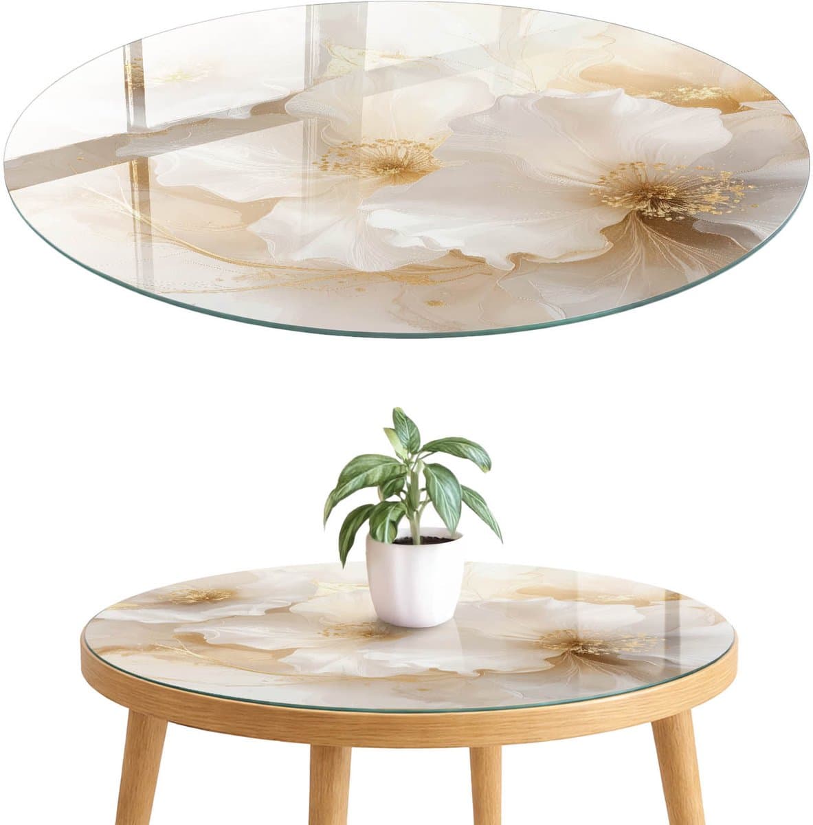ArtPrintCave Elegante bloemen Glazen Tafelblad fi50 cm - Tafelblad Rond - Romig Bureaublad - Bloemen en planten Terrastafel