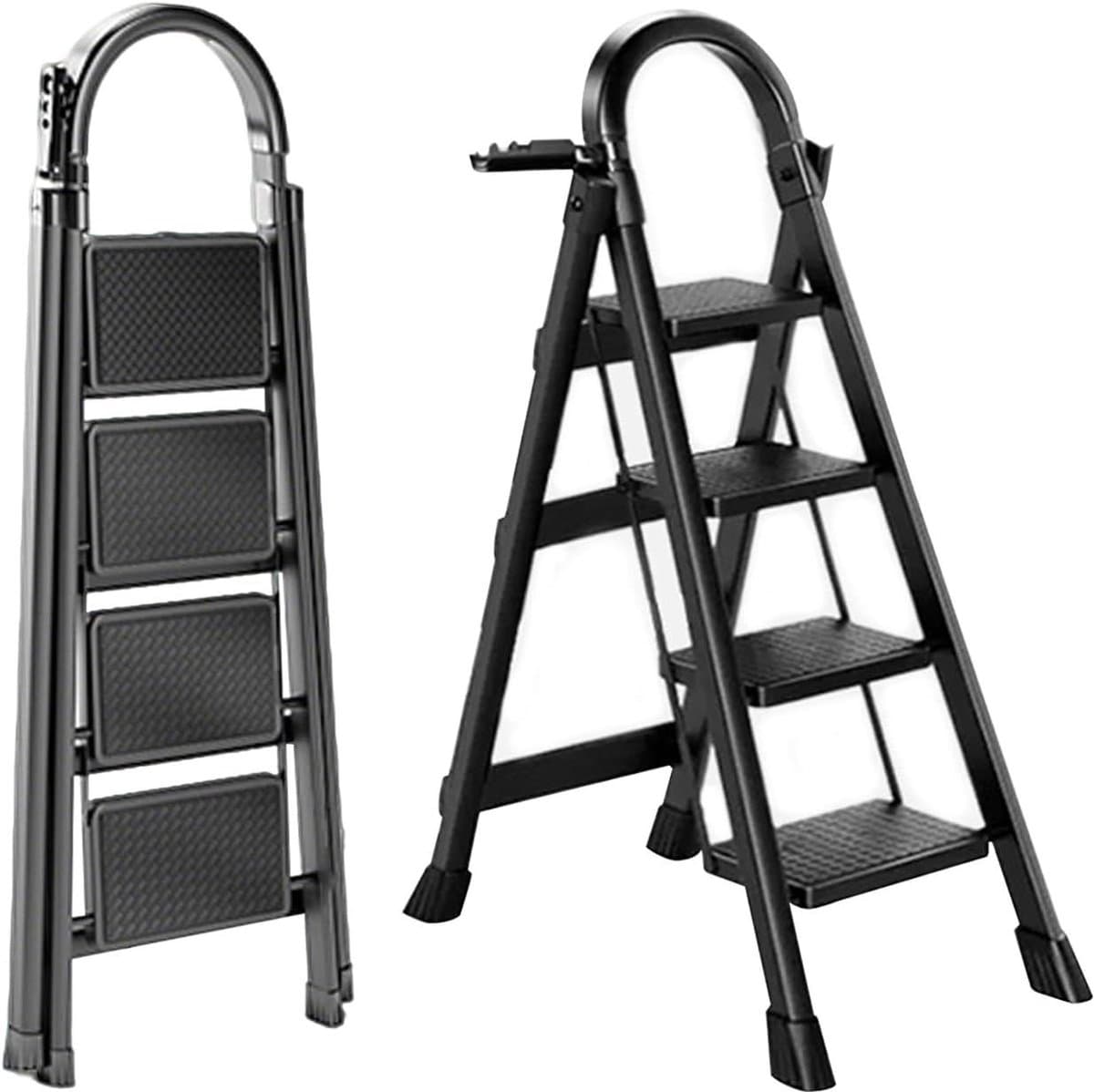 Inklapbare trapladder - Opvouwbare kruk - Huishoudelijk werk - Met antislip leuning - 5 treden - Zwart