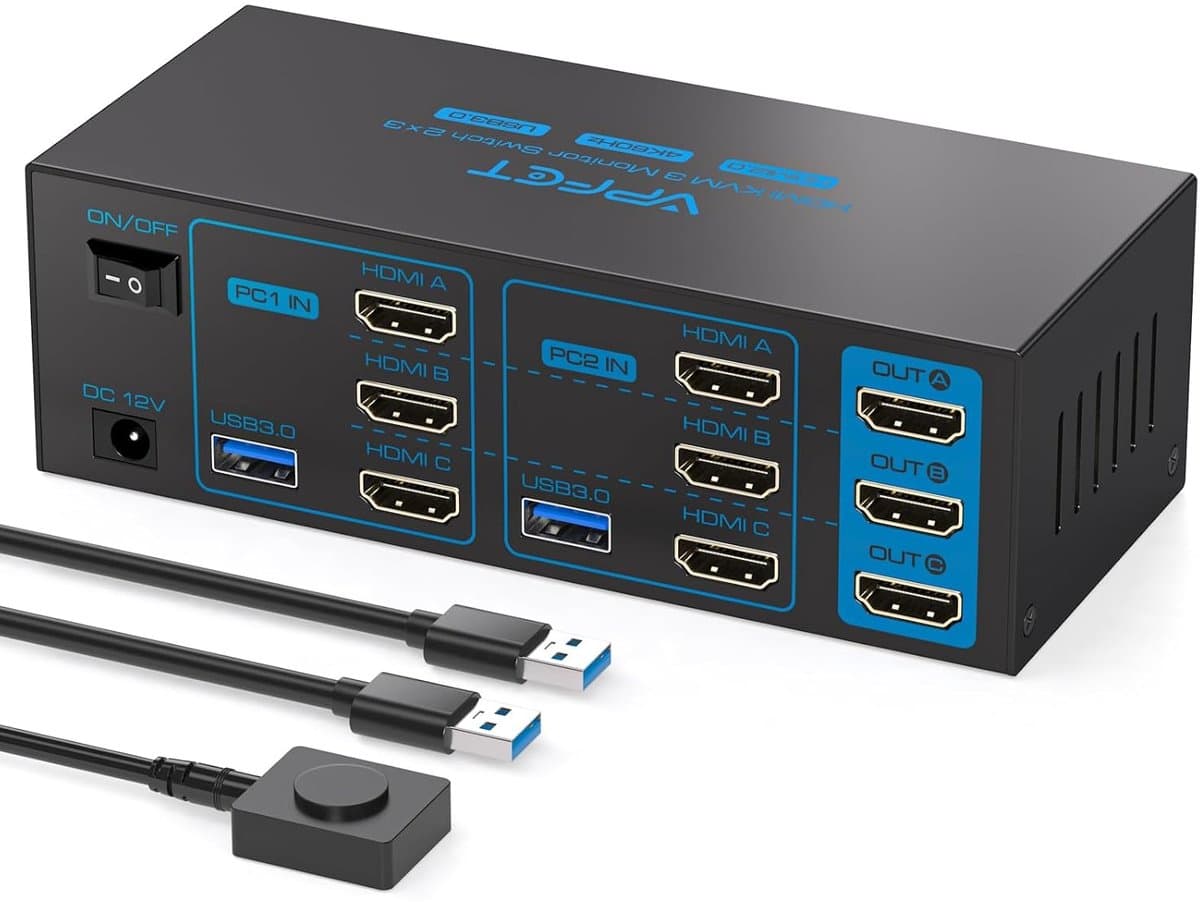 KVM Switch - Schakelaar Computers - Meerdere PC's Besturen - 3 Monitoren Delen - 4 USB 3.0 - Diepblauw