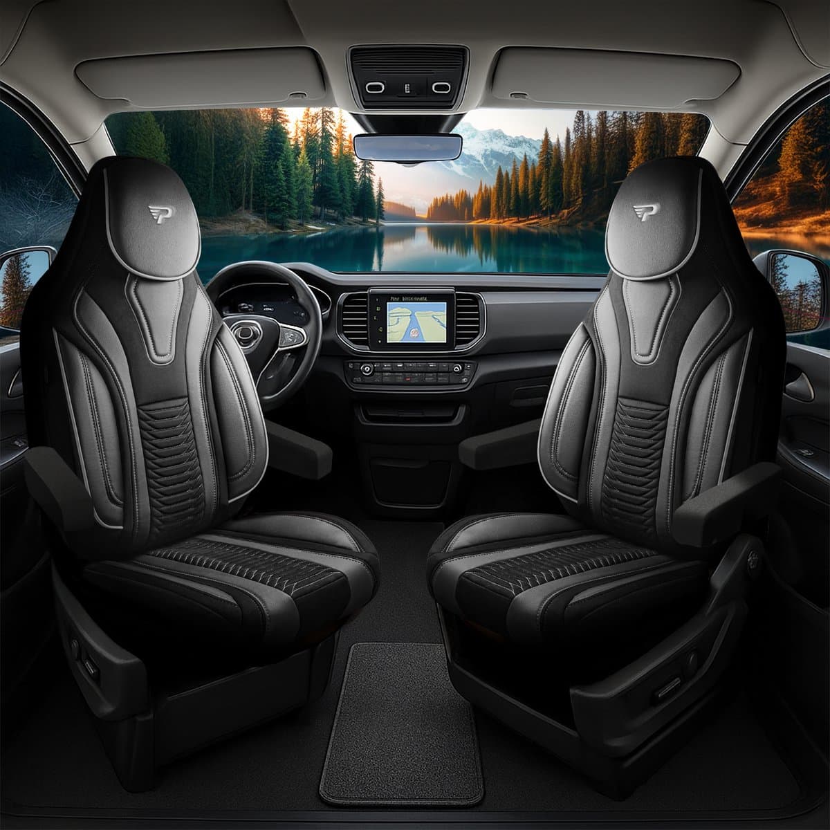 Camper stoelhoezen Volkswagen e-Transporter 2024 - heden - Tokyo Zwart - Premium kunstleer & suède - Uniek design - 2 losse voorstoelen