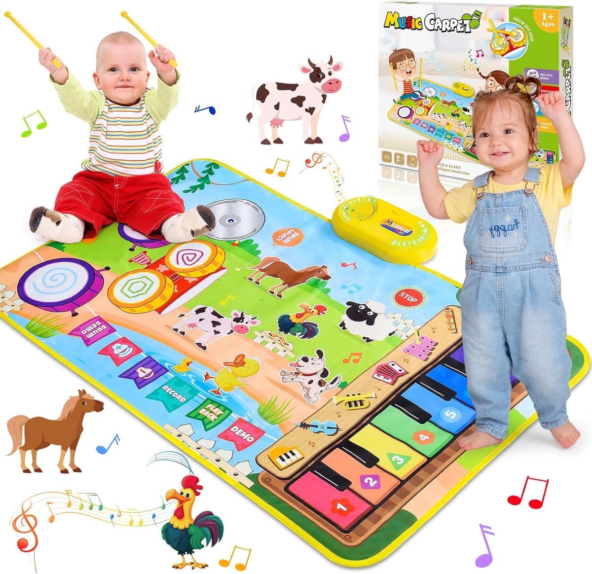 VONKELIOS®3 in 1 Muziekmat - Kinderspeelgoed 3 4 5 Jaar - Dansmat - Pianomat - boerderijdier touch speelkleed - Pianoklavier & Drumset met 2 Drumstokken - Cadeau Vroeg Educatief Muzikaal Leerspeelgoed - meisjes en jongens - Babyspeelgoed