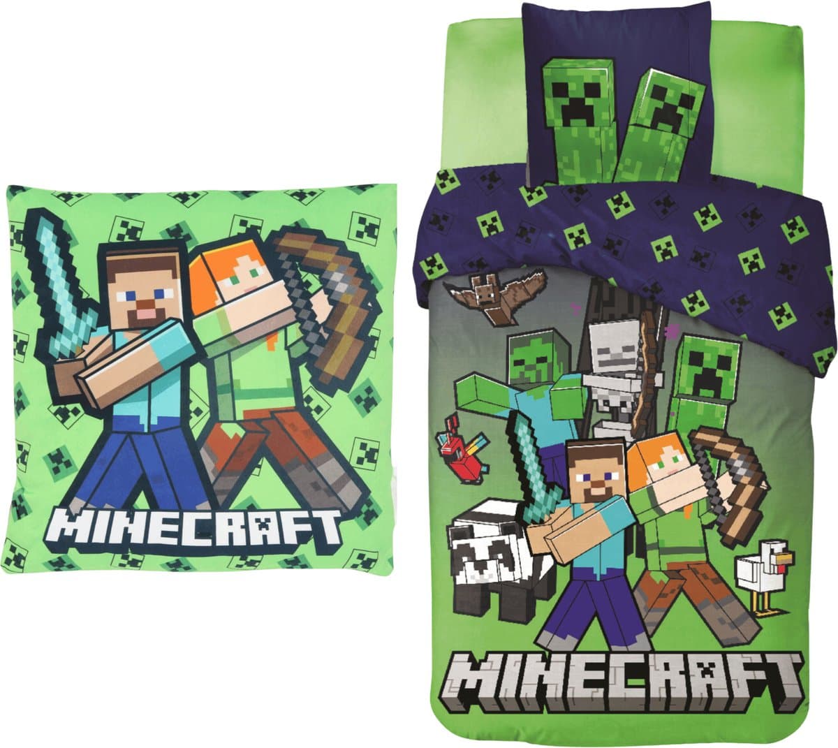 Minecraft slaapkamerset; dekbedovertrek en kussen