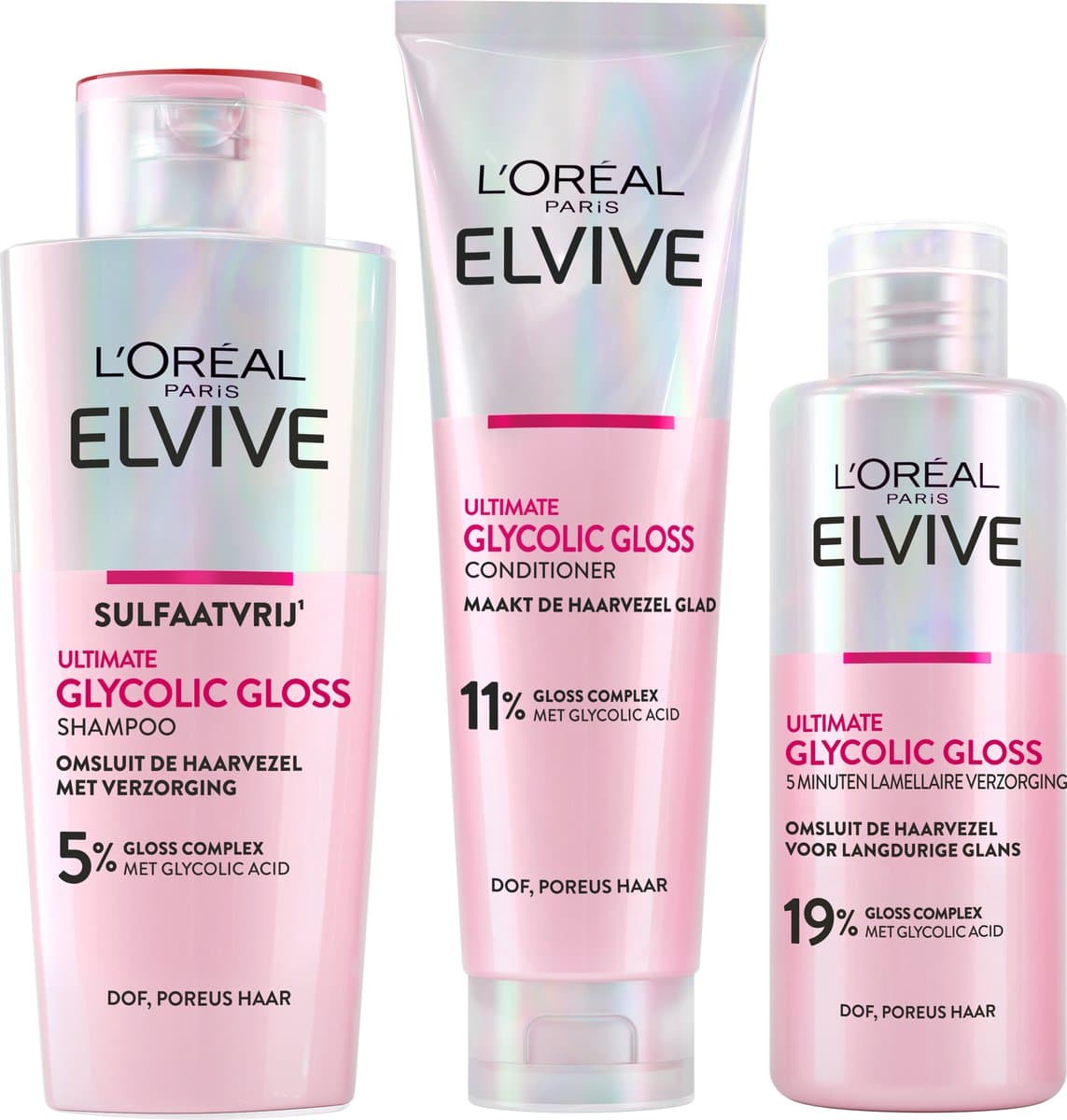 L'Oréal Paris Elvive Glycolic Gloss Bundle - Shampoo 200ml, Conditioner 150ml & 5 min Lamellaire Verzorging 200ml - dof en poreus haar