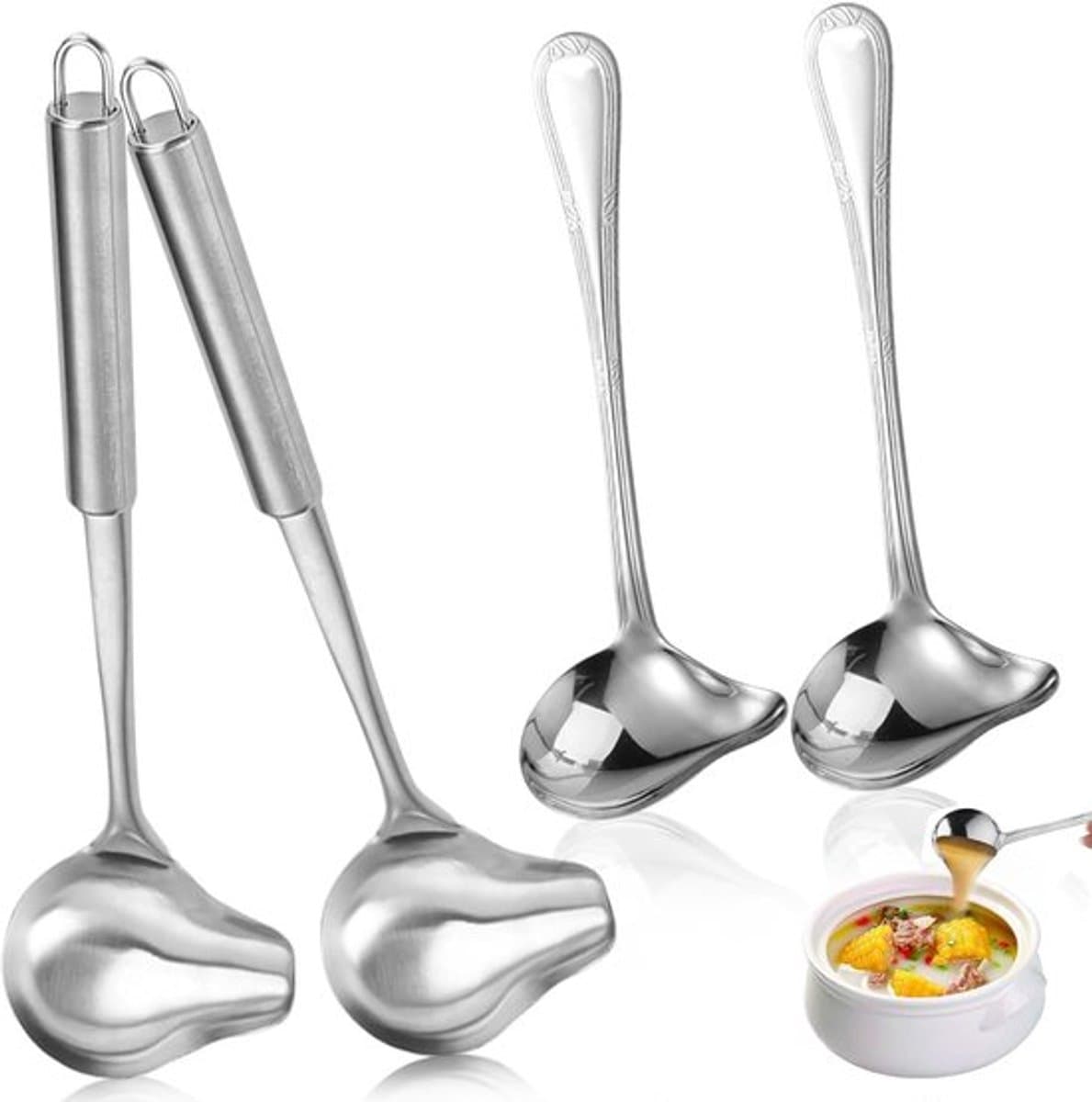 Sauslepels van roestvrij staal set van 4 - 20 cm en 30 cm - kleine sauslepel met schenktuit - motregenlepel voor soep, sauzen, dressings
