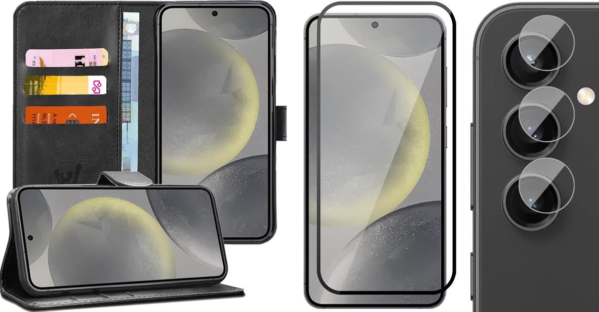 Hoesje geschikt voor Samsung Galaxy S24 - Screenprotector Volledig Dekkend Glas & Camera - Portemonnee Book Case Zwart